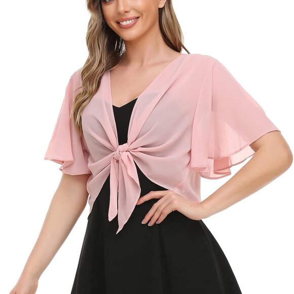 Women’s Chiffon Shrug Wraps Open Front Tie Top Casual Evening Dress Accessory - Picture 3 of 6